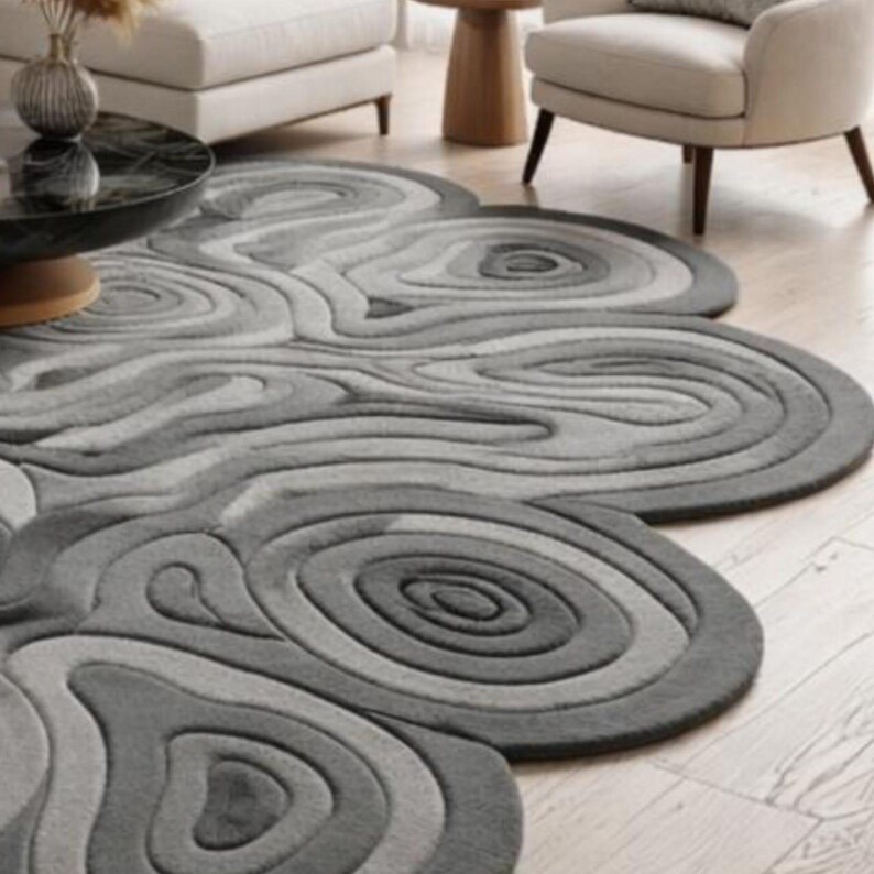 Modern Sculpted Grey Abstract Shaped Wool Rug, Swirl Pattern Handmade ...