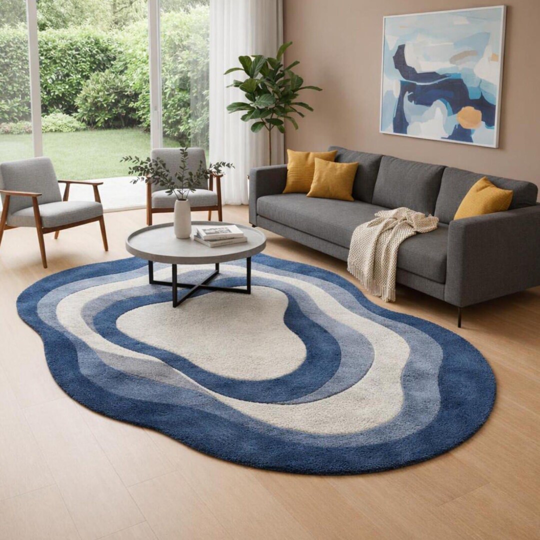Handmade Blue Abstract Oval Wool Rug, Modern Organic Living Room Carpet ...