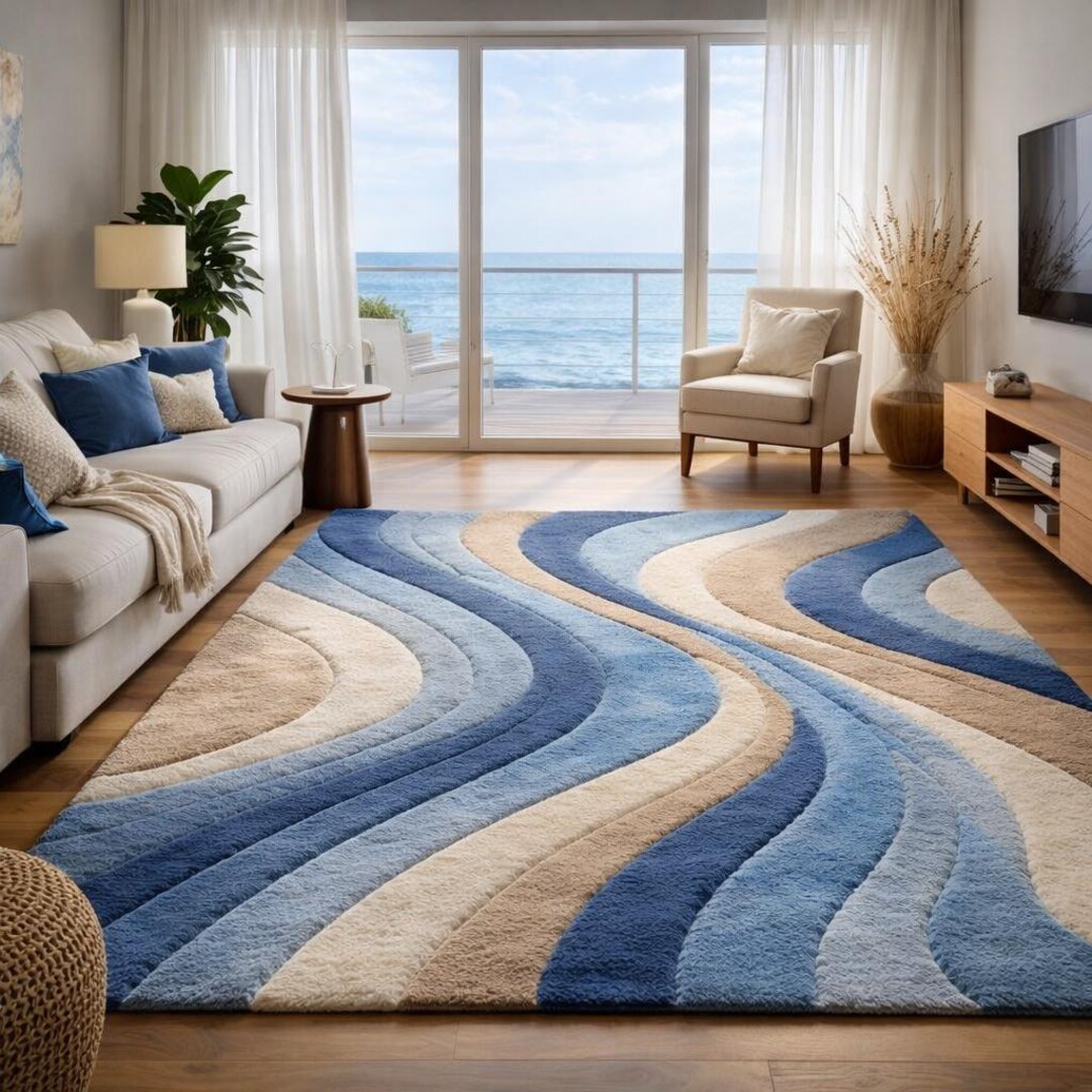 Hand Tufted Blue Wave Wool Rug, Modern Abstract Ocean Coastal Carpet - Etsy