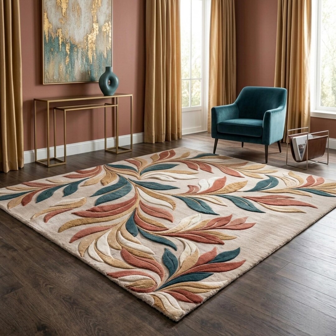 Handmade Botanical Wool Area Rug – Modern Leaf Carpet Beige Teal Rust ...