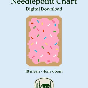 May include: Digital needlepoint chart featuring a pixelated pink pastry with colorful sprinkles on a light blue background. The chart measures 4cm x 6cm and is 18 mesh. The text "Needlepoint Chart Digital Download" is at the top.