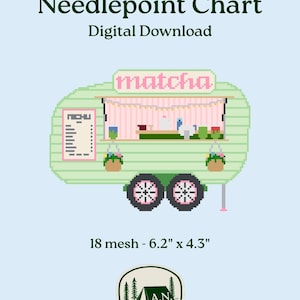 May include: Digital needlepoint chart with a pixelated matcha food truck design. The truck is light green with pink accents, a menu, and the text "matcha". The chart measures 15.7 cm x 10.9 cm and is 18 mesh. Includes a logo with trees and a tent.