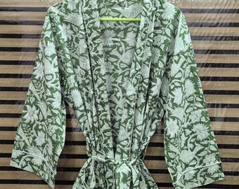 Sage Green Botanical Bird Print Cotton Kimono Robe, Lightweight Boho Loungewear