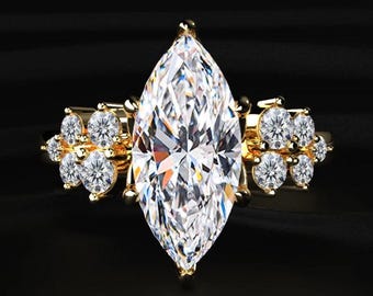 Marquise Cut Moissanite Engagement Ring 14K Yellow Gold, Floral Cluster Bridal Ring, Vintage Inspired Promise Ring, Unique Wedding Ring