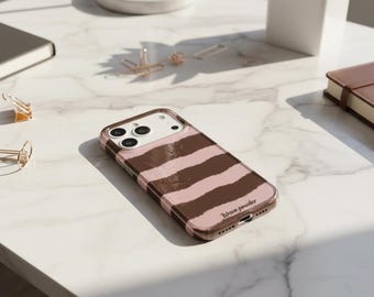 Korean Wavy Stripe iPhone Case, Brown and Pink, Protective Bumper