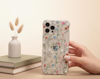 Floral iPhone Case | Clear Soft Wallet Cover with Card Slot