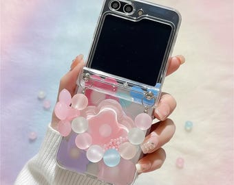 3D Flower Samsung Z Flip Case, Bead Lanyard, Folding Bracket