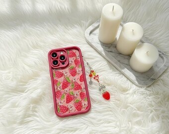 Strawberry Flower iPhone Case, Silicone Pendant Chain, Fruit Cover