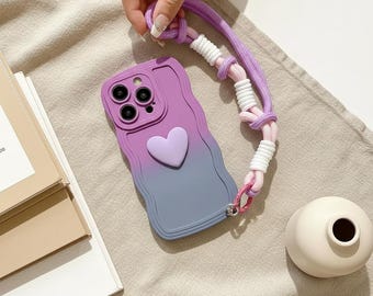 Gradient Love Heart Lanyard Phone Case | Soft TPU Wave Grip Strap Cover (iPhone 11-17)