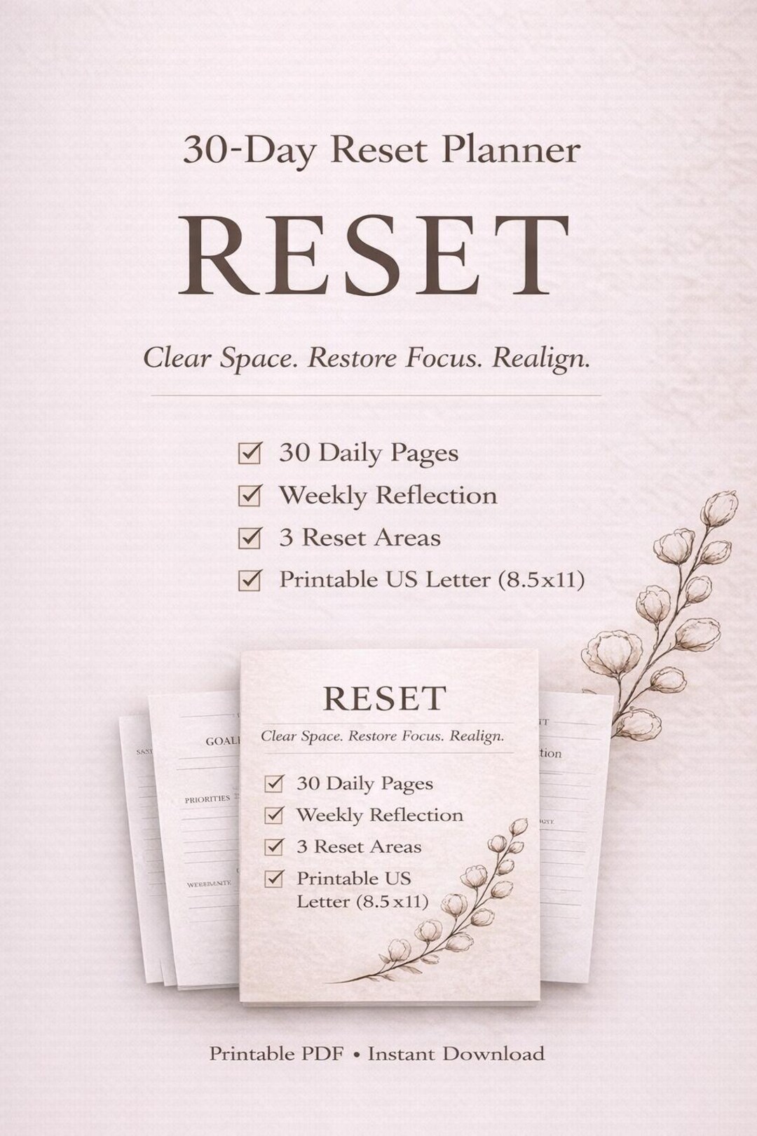 30 Day Reset Planner Printable | Minimalist Daily & Weekly Reflection ...