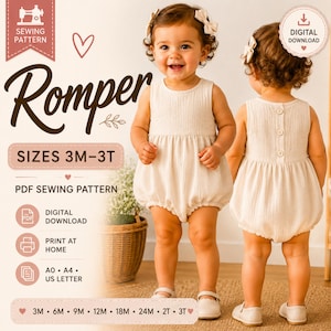May include: A smiling toddler wearing a cream-colored romper, with a matching bow in their hair. The image shows the front and back of the romper. Text on the image reads "Romper", "Sizes 3M-3T", and "PDF Sewing Pattern".