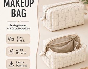 Quilted Makeup Bag Sewing Pattern, Beginner Boxy Zipper Pouch (Digital Download)