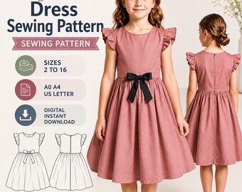 Girls Dress Sewing Pattern, Ruffle Sleeve Bow Front Dress PDF, Kids Sewing Pattern Sizes 2-16