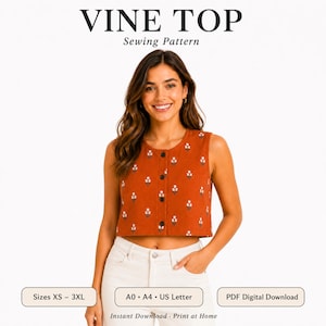 May include: A rust-colored sleeveless crop top featuring a repeating white floral pattern and a front button placket. The text VINE TOP Sewing Pattern is displayed at the top, with labels for sizes XS-3XL, A0, A4, US Letter, and PDF Digital Download.