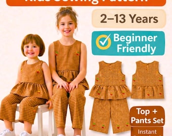 Kinder Schnittmuster PDF Größen 2-13Y, Kleinkind Top und Hose Set, Mädchen Outfit, Easy Anfänger Nähprojekt, Instant Download