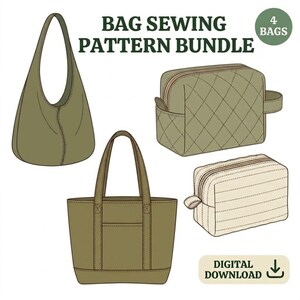 May include: A digital sewing pattern bundle for 4 bags, featuring illustrations of an olive hobo bag, a quilted olive pouch, a cream rectangular pouch with horizontal stitching, and an olive tote bag with a front pocket and text.