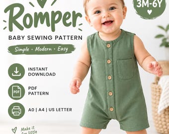 Baby Romper Sewing Pattern | Sleeveless Button Jumpsuit (Digital Download)