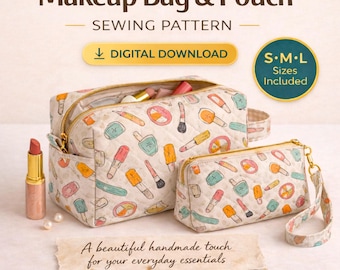 Gesteppte Make-up-Tasche Muster PDF, Nähanleitung für Reißverschluss-Taschen, Kosmetiktasche DIY, Reise-Kulturbeutel, 2 Stile und 3 Größen enthalten