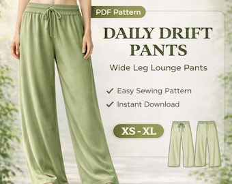 Elastische Hose mit weitem Bein Schnittmuster XS–XL | Sofortiger Download PDF | Einfach Baggy Lounge Hose | Frauen Palazzo Hose Muster