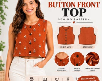 Button Front Top Sewing Pattern PDF | Sleeveless Summer Top | Beginner Friendly