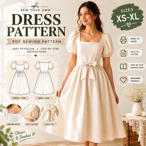 May include: A PDF sewing pattern for a cream-colored dress with a square neckline, puff sleeves, and a waist tie. The image includes text: SEW YOUR OWN DRESS PATTERN, SIZES XS-XL, PRINT AT HOME, A4 & US LETTER, STEP-BY-STEP INSTRUCTIONS, BEGINNER FRIENDLY.