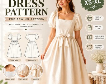 Cottagecore Puff Sleeve Midi Dress Pattern, Square Neck, Bow Waist (PDF Download)