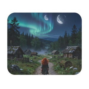 Viking Village Northern Lights Mouse Pad | AI Artwork Desk Mat