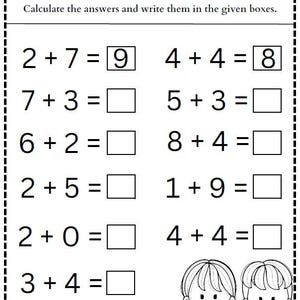 Könnte beinhalten: Schwarz-weiß Arbeitsblatt zur Addition mit der Überschrift "Addition Worksheet". Das Arbeitsblatt enthält Rechenaufgaben mit leeren Feldern für die Antworten. Am unteren Rand sind zwei Cartoon-Kinder abgebildet.