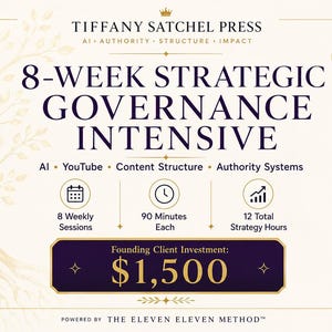 Puede incluir: Un anuncio del Intensivo de Gobernanza Estratégica de 8 semanas de Tiffany Satchel Press. El diseño presenta un fondo crema con detalles dorados y texto. El texto incluye "8-Week Strategic Governance Intensive" y "Founding Client Investment: $1,500."
