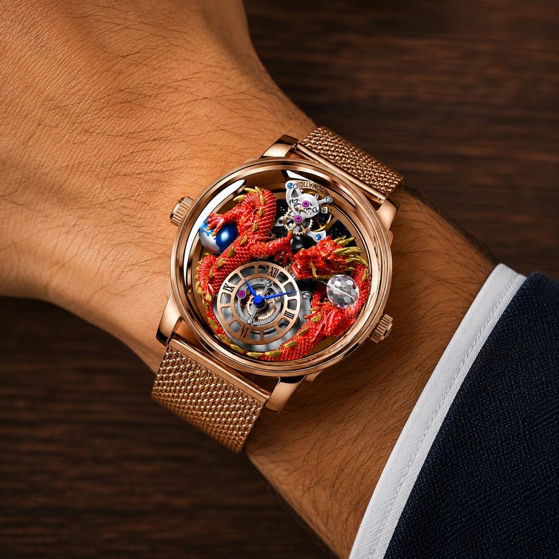 Op de afbeelding: Een ros&eacute;gouden polshorloge met een gedetailleerd rood drakenontwerp in de transparante wijzerplaat. Het horloge heeft een mesh band en een complex intern mechanisme zichtbaar door de wijzerplaat. Het horloge zit om een pols.