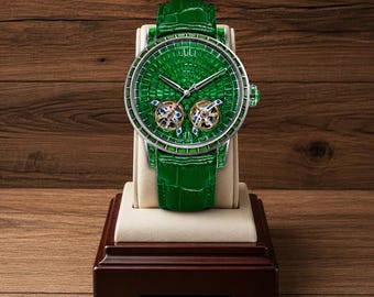 Luxe mechanische horloges met diamant voor heren | Uurwerk met dubbel vliegend wiel, polshorloge met diamantaccent, horloge van saffierglas | Leren band: