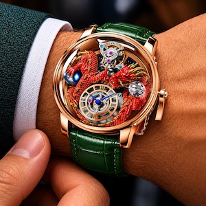 Op de afbeelding: Een ros&eacute;gouden polshorloge met een rood drakenontwerp in de wijzerplaat. Het horloge heeft een groene leren band. De wijzerplaat toont de tijd met Romeinse cijfers en blauwe wijzers. Het horloge is automatisch.