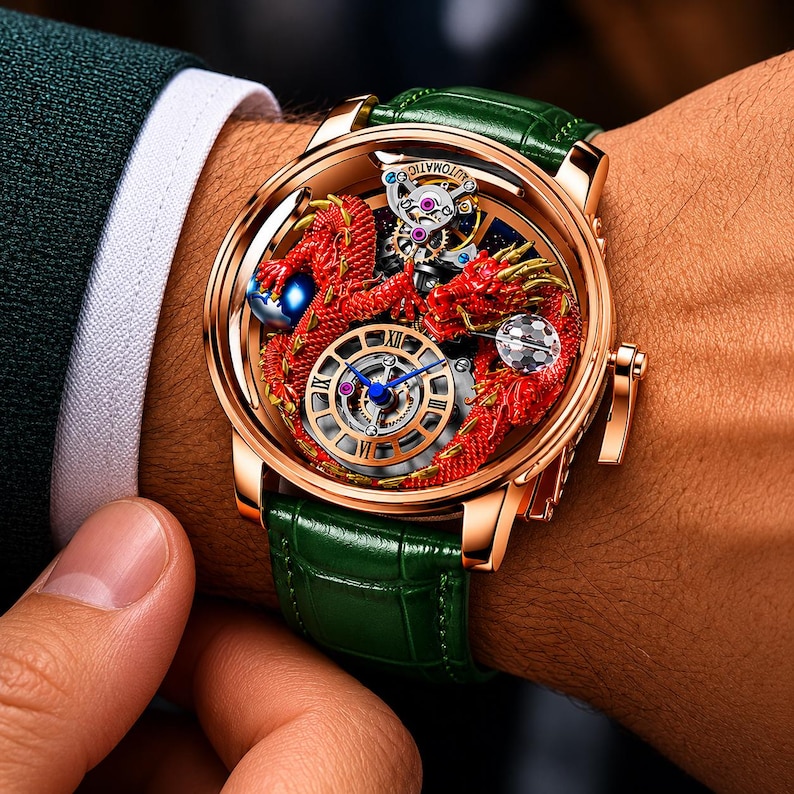 Op de afbeelding: Een ros&eacute;gouden polshorloge met een rood drakenontwerp in de wijzerplaat. Het horloge heeft een groene leren band. De wijzerplaat toont de tijd met Romeinse cijfers en blauwe wijzers. Het horloge is automatisch.