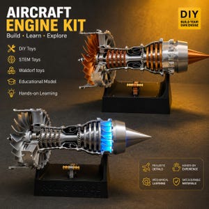Puede incluir: Dos kits de modelos de motores de avión sobre soportes negros. El modelo superior presenta álabes de turbina y componentes internos de color cobre. El modelo inferior tiene álabes plateados y una luz azul. El texto incluye AIRCRAFT ENGINE KIT.