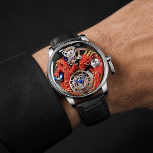 Op de afbeelding: Een luxe polshorloge met een zilveren kast en een zwarte leren band. De wijzerplaat heeft een gedetailleerd rood drakenontwerp met blauwe en gouden accenten. Het horloge zit om de pols van een persoon.