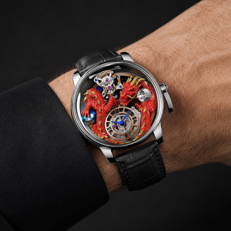 Op de afbeelding: Een luxe polshorloge met een zilveren kast en een zwarte leren band. De wijzerplaat heeft een gedetailleerd rood drakenontwerp met blauwe en gouden accenten. Het horloge zit om de pols van een persoon.