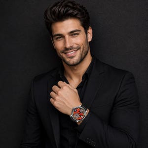 Op de afbeelding: Een zwart pak met een zwart overhemd. Een zilveren horloge met een zwarte leren band en een rode en zilveren wijzerplaat is zichtbaar. De wijzerplaat van het horloge heeft gedetailleerde mechanische elementen.