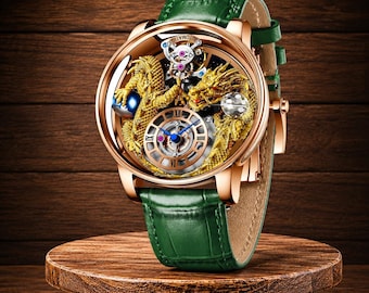Luxe quartzhorloge in drakenstijl voor heren, polshorloge met diamantaccent, waterdicht horloge van saffierglas, op astronomische wijzerplaat geïnspireerd uurwerk