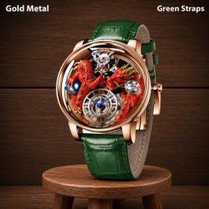 Op de afbeelding: Een gouden metalen polshorloge met een rood drakenontwerp in de wijzerplaat. Het horloge heeft een groene leren band. Het horloge wordt tentoongesteld op een kleine houten kruk.