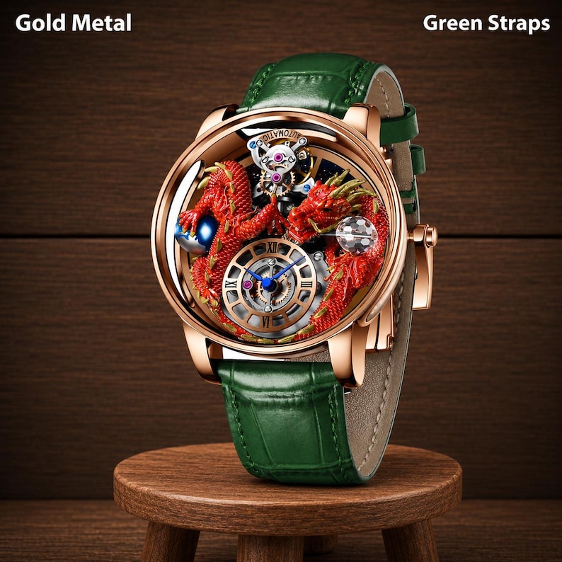 Op de afbeelding: Een gouden metalen polshorloge met een rood drakenontwerp in de wijzerplaat. Het horloge heeft een groene leren band. Het horloge wordt tentoongesteld op een kleine houten kruk.