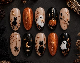 Press on-naglar med Halloweenpumpa | Nagelkonst med svart katt och spöke | Set med kopparfärgade glitter och gotiska höstnaglar
