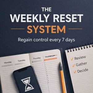 May include: A planner with columns for Monday, Tuesday, Thursday, and Wednesday, alongside a spiral notebook listing Review, Gather, and Decide. A smartphone displays an hourglass icon, and a pen rests nearby. Text reads THE WEEKLY RESET SYSTEM.