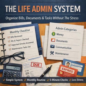 May include: Image promoting "THE LIFE ADMIN SYSTEM" with text: "Organize Bills, Documents & Tasks Without The Stress." Includes a checklist, admin categories, calculator, pen, glasses, and expired ID. The image highlights a simple system for managing bills, documents, and tasks.