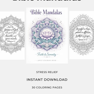 Könnte beinhalten: Ausmalbuch für Erwachsene, Bibel Mandalas, mit aufwendigen Mandala-Designs. Das Cover zeigt ein zentrales Mandala mit einer Lotusblume und dem Text "Faith & Serenity". Enthält 30 Ausmalseiten zur Stressbewältigung, sofortiger Download.