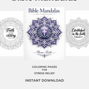 Könnte beinhalten: Ein Bild, das für "Bible Mandalas" Malbücher für Erwachsene wirbt. Das Design zeigt drei Mandala-Beispiele mit inspirierenden Zitaten und ein zentrales Buchcover-Design mit einem Kreuz. Der Text enthält "Malvorlagen zur Stressbewältigung" und "Sofort-Download".