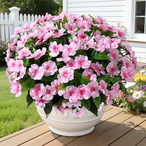 May include: A large, round arrangement of pink flowers with green leaves in a white ceramic pot. The flowers are a vibrant pink with darker pink centers. The pot has a decorative floral pattern.