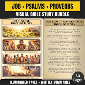 Könnte beinhalten: Ein visuelles Bibelstudienpaket zu Hiob, Psalmen und Sprüchen. Das aufgeschlagene Buch zeigt illustrierte Tafeln zum Leben Hiobs und eine Zusammenfassung von Hiob 42,10-17 mit dem Titel God Restores Job's Fortunes. Enthält 80 Seiten.