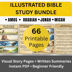 Könnte beinhalten: Illustriertes Bibel-Studienpaket mit 66 druckbaren Seiten. Enthält visuelle Story-Seiten und schriftliche Zusammenfassungen. Enthält Amos, Obadja, Jona und Micha. Sofort-PDF für Anfänger.
