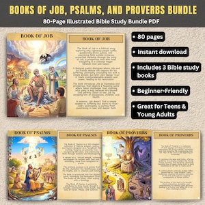 Könnte beinhalten: Ein 80-seitiges illustriertes Bibelstudien-Bundle im PDF-Format mit den Büchern Hiob, Psalmen und Sprichwörter. Das Bundle enthält drei Studienbücher und ist für Anfänger, Jugendliche und junge Erwachsene geeignet. Das Cover zeigt farbenfrohe Illustrationen.