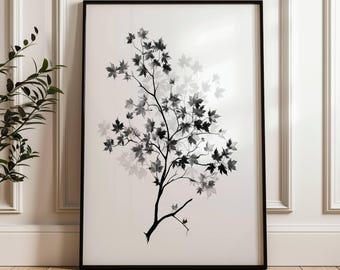 Minimal Maple Branch Print, Black White Botanical Wall Art, Scandinavian Decor